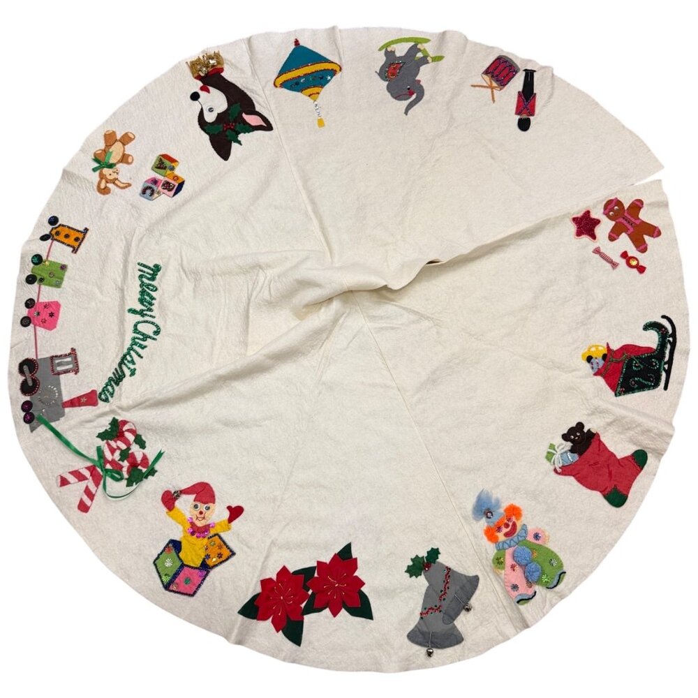 Hand Made Embellished Christmas Tree Skirt Off-White Felt Sequins Bells 64"D